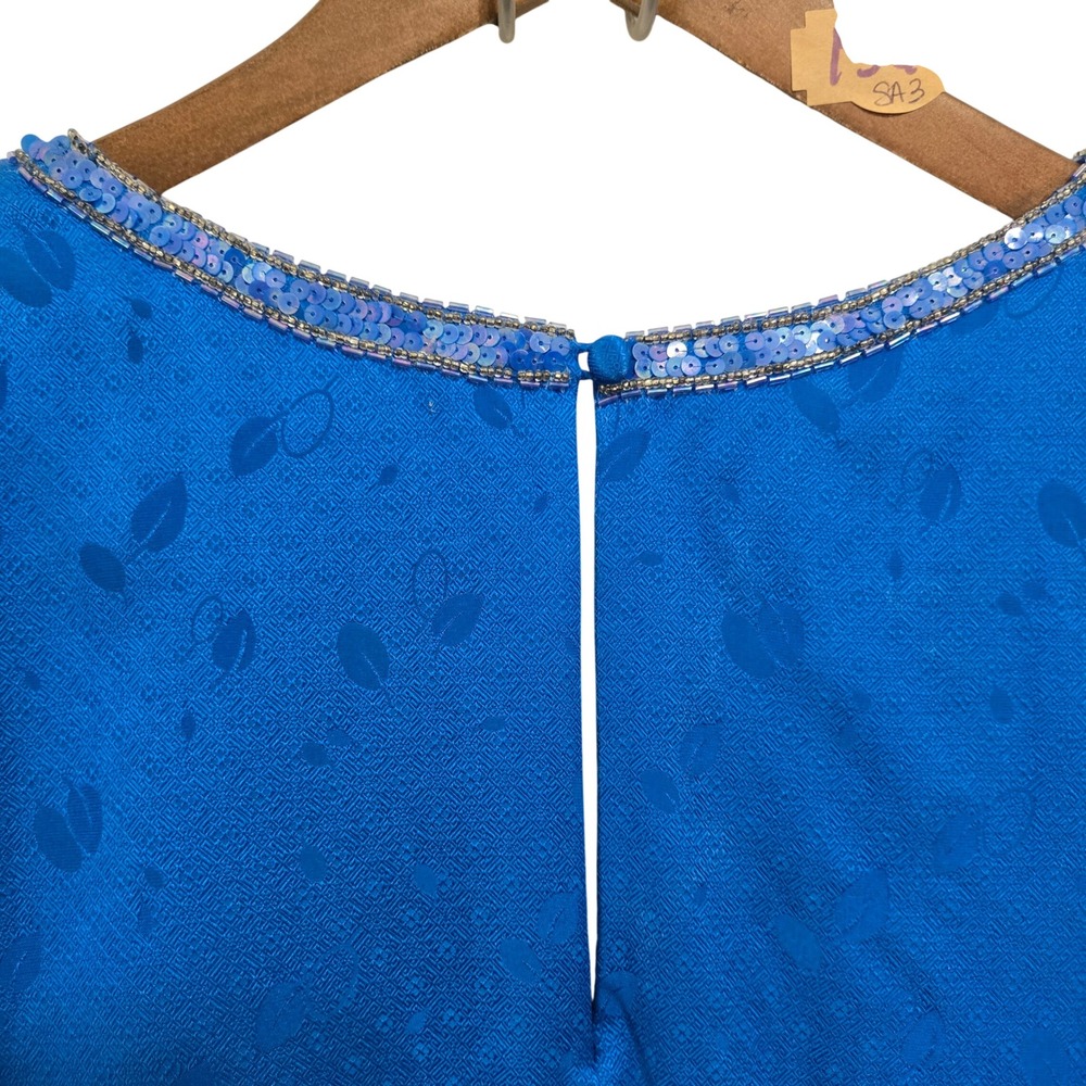 Vintage 80s AJ Bari Royal Blue Silk Jacquard Sequin Cocktail Dress Size 14 - Picture 7 of 12